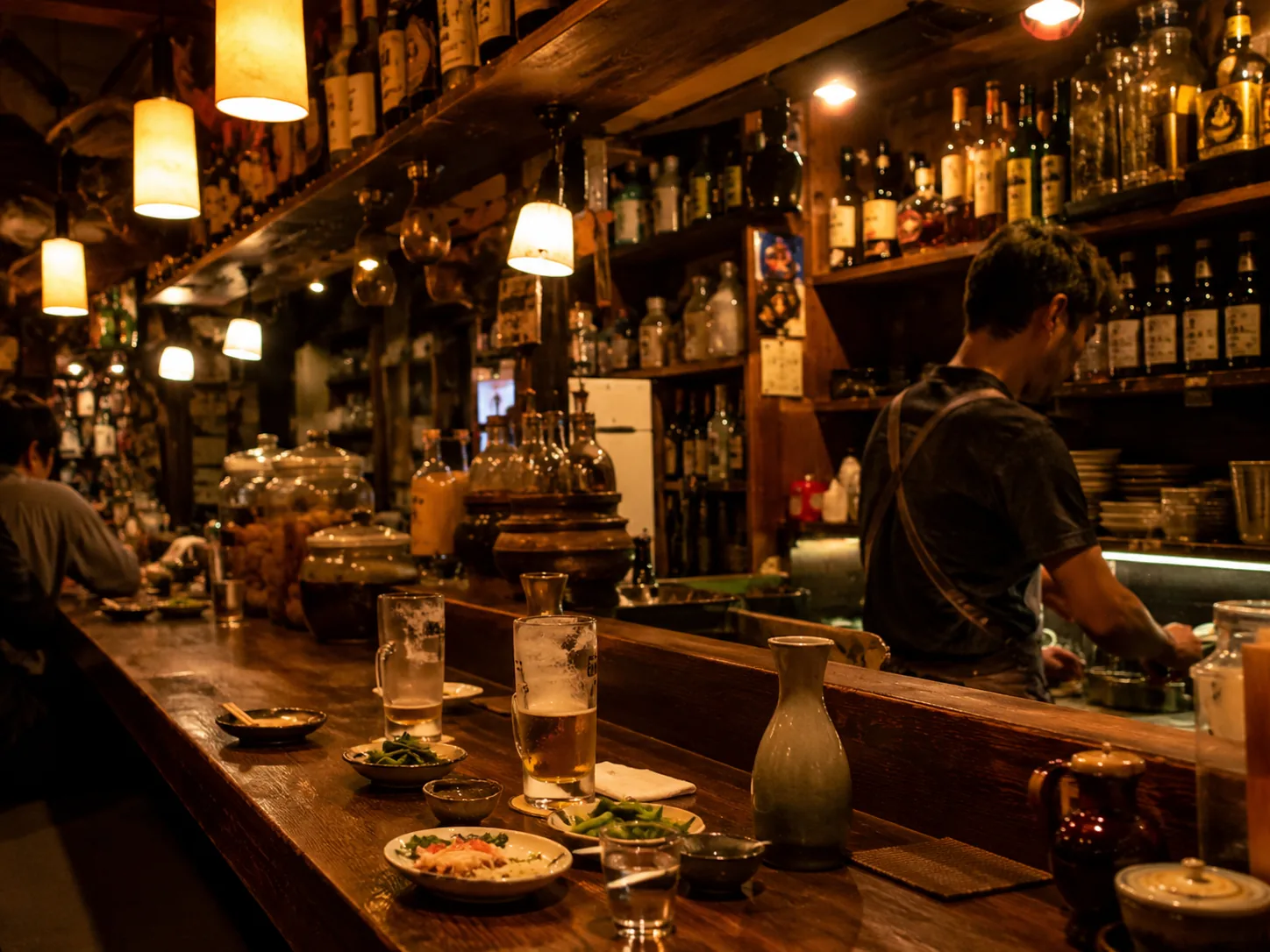 Tiny izakaya bar seating with sake bottles & small plates