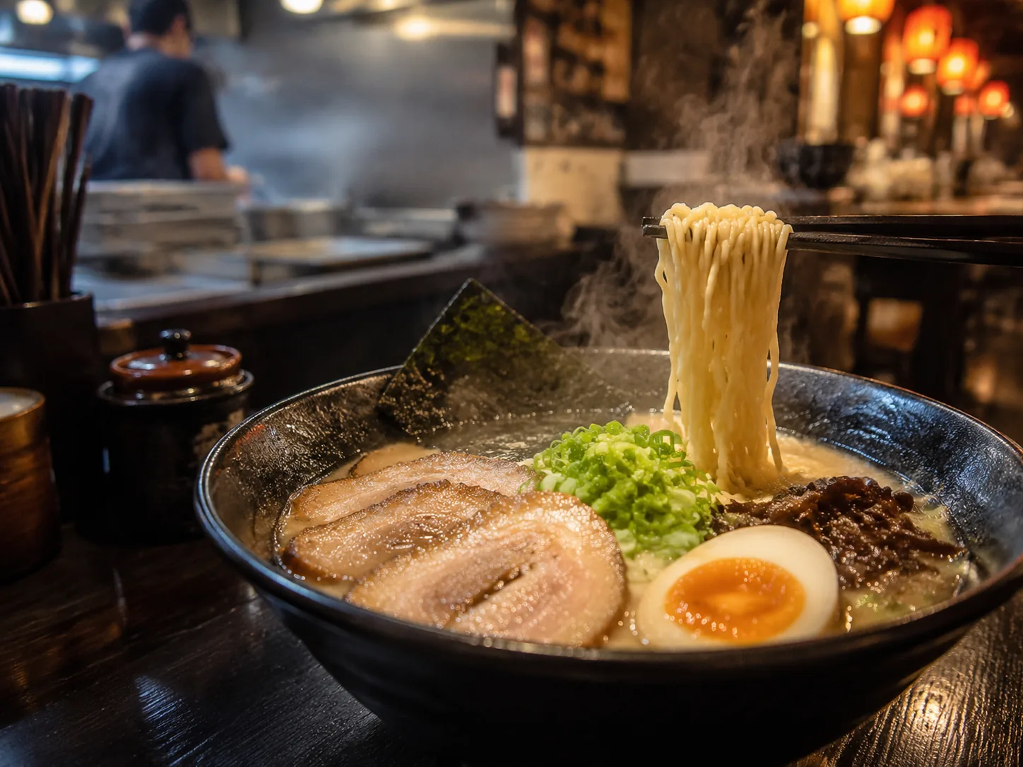A ramen bowl, tonkotsu style, steaming at a counter