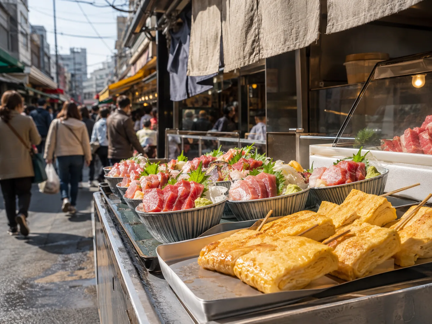 Tamagoyaki egg skewers and tuna bowls at Tsukiji Outer Market stalls