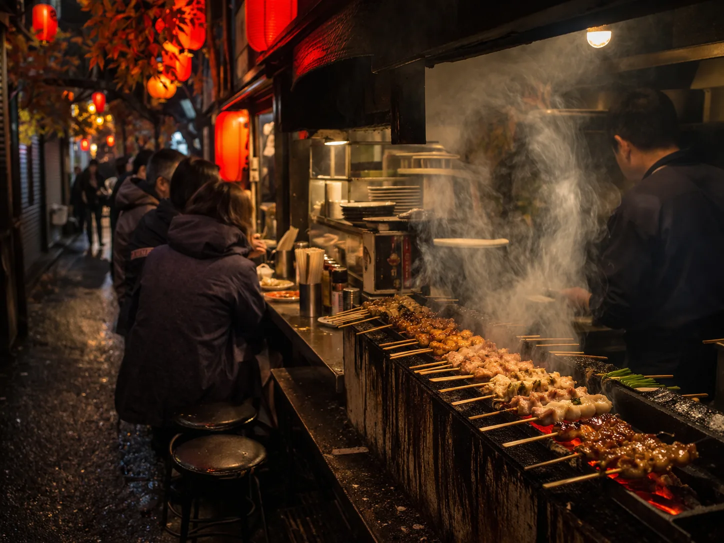 Omoide Yokocho alleys at dusk with yakitori smoke and red lanterns